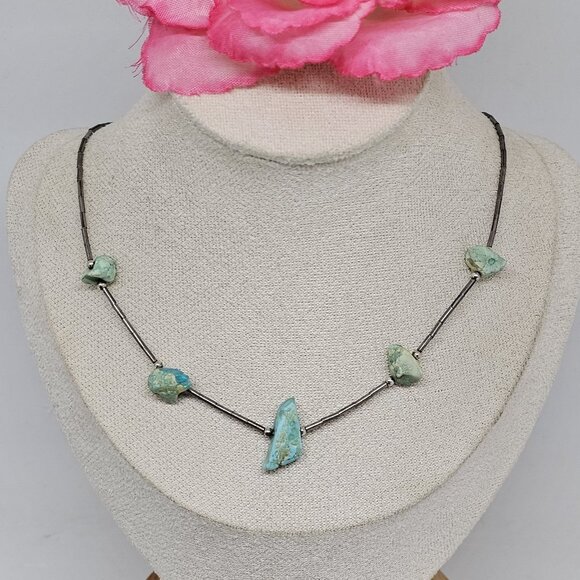 Southwestern Turquoise Nugget Liquid 925 Sterling Silver Necklace Choker 15" - Picture 7 of 11